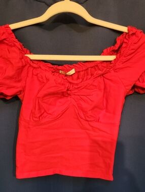 Red Puff-Sleeve Off-Shoulder Crop Top